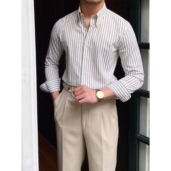 Classic Striped Dress Shirt for Men with Button-Down Collar and Breathable Fabric