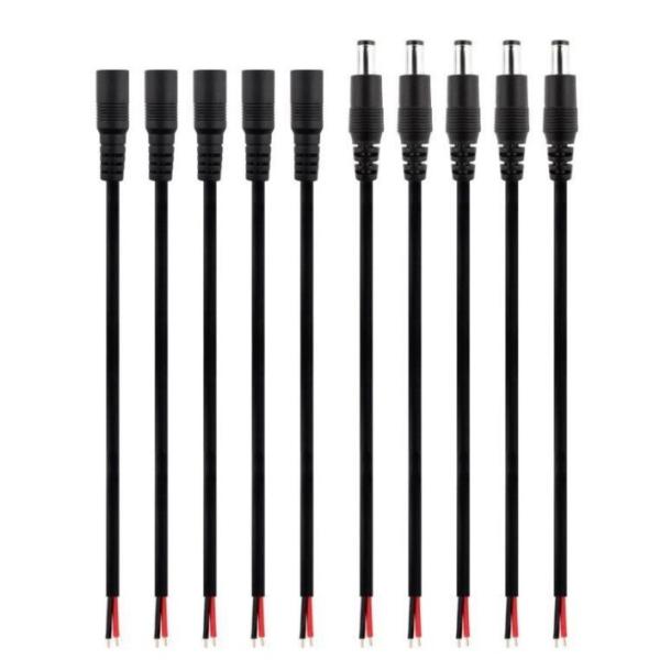 Black DC Barrel Power Plug Pigtail Cable with 2.1mm X 5.5mm Male Female Jack Connector