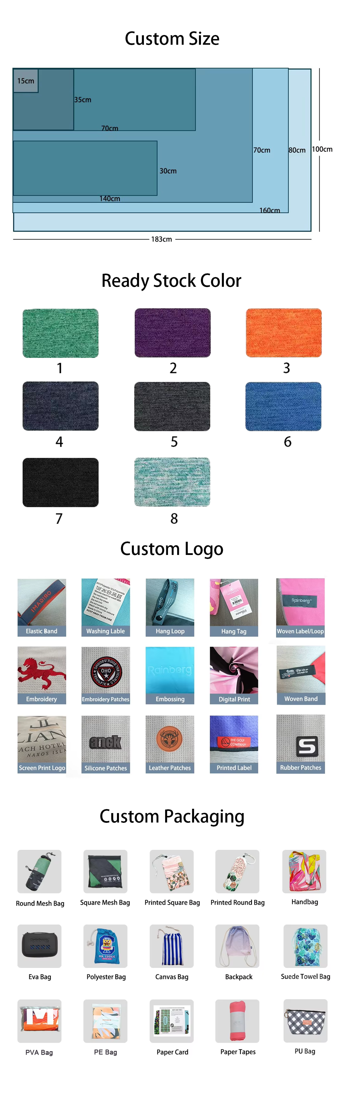 Solid Color Blue Quick Drying gym Microfiber Sports Towel Custom Print 40x80