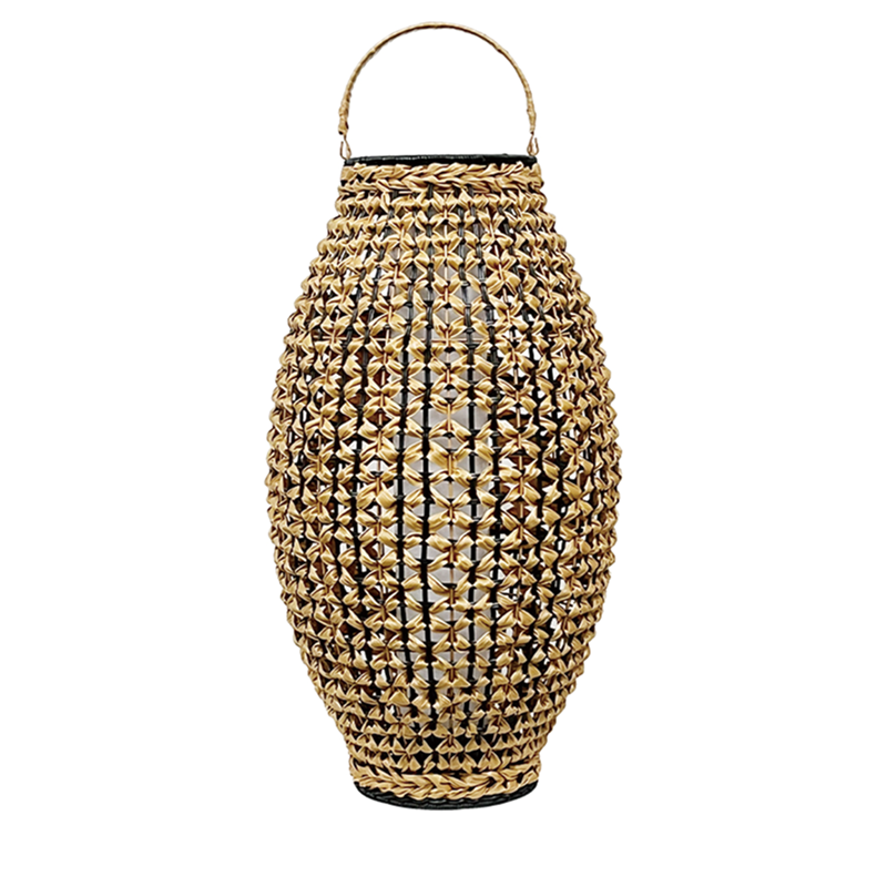 Solar rattan lantern, portable, Handwoven durable, smart sensor.