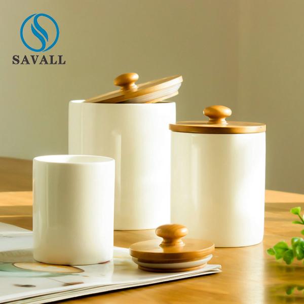 White Ceramic Storage Jar 330 750 1440ml With Wooden Cover