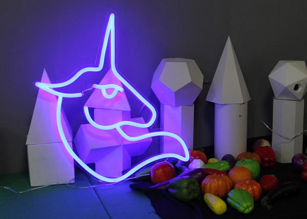 decoração visual feito a mão da arte finala da forma azul do unicórnio dos sinais de néon do diodo emissor de luz 12V