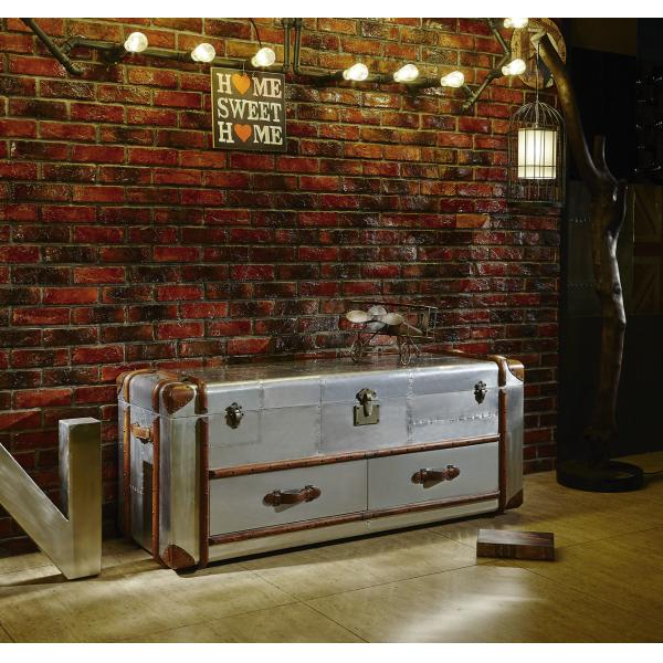 Retro Vintage Leather Storage Trunk Aluminium Sheet Lifted Cover 2 Drawers For Office