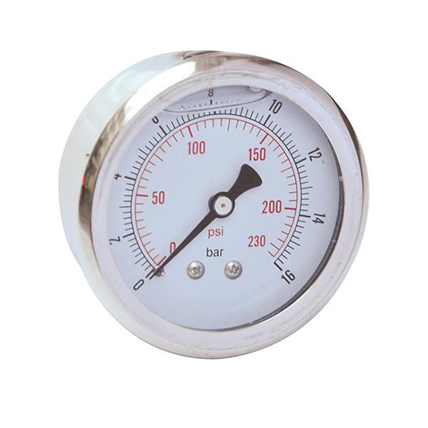 2-1/2 Liquid filled Pressure Gauge,0-230 psi/bar, 1/4 BSP back mount, stainless steel case and brass internal