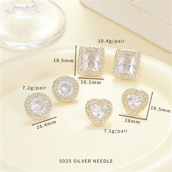 Wholesale 14K Gold Plated Brass Earring Trendy Inlaid Zircon Heart Square Round Shape Stud Earrings for Women