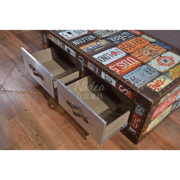 Nidea #8653 Handcrafted Durable Multi-purpose Vintage Wood Living Room Cabinet Retro License Plate Design Featuring Two Drawers