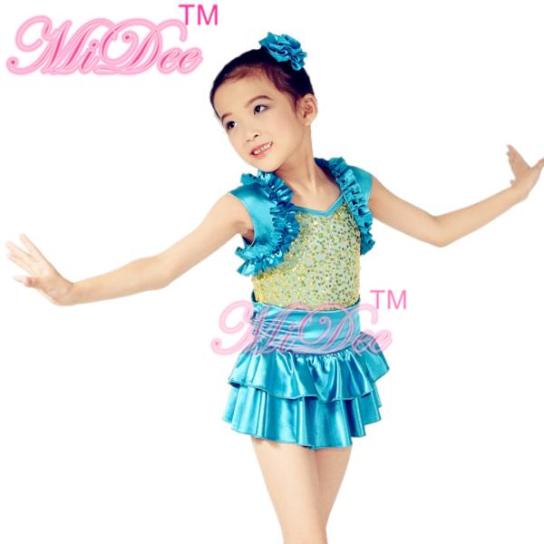 Satin Tiers Skirt Ruffle Neckline Confetti Sequins On Bodice Dress Dance Clothes for Kids' Performance