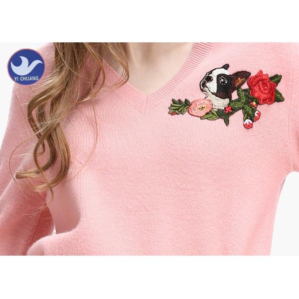 Pink Women's Long Sleeve Sweaters , V Neck Knitted Jumper Dog Flower Embroidered Patch