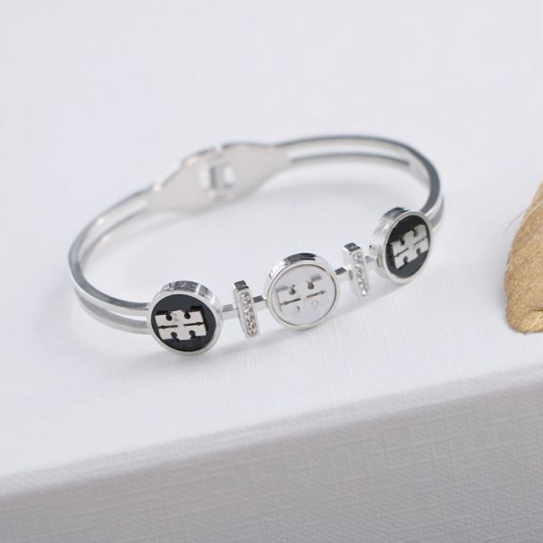 Black and White Mother-of-pearl Inlaid Circle Stitching TB Pattern Titanium Steel Bracelet