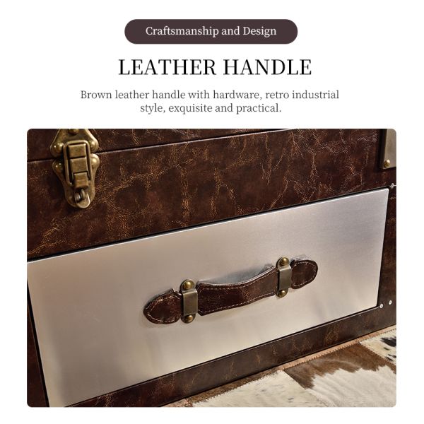 Nidea #8627 Vintage Industrial Coffee Table Double Drawers Aluminum Rivet Union Jack Crackle Leather Cabinet-Style Wooden Base Hotel Loft