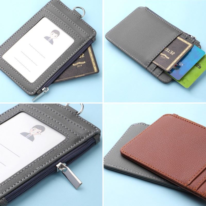 Zipper Faux Leather ID identity Card Badge Holder With Detachable Lanyard