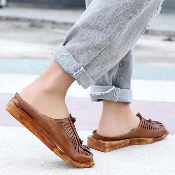 S244 Ethnic style square head casual Baotou sandals handmade leather hollow single shoes women's shoes