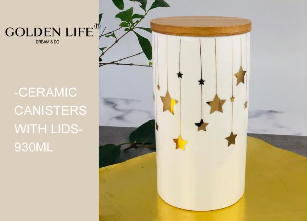 Porcelain 3 Piece Ceramic Gift Set Bamboo Lid Three Sizes With Gold Stars Design