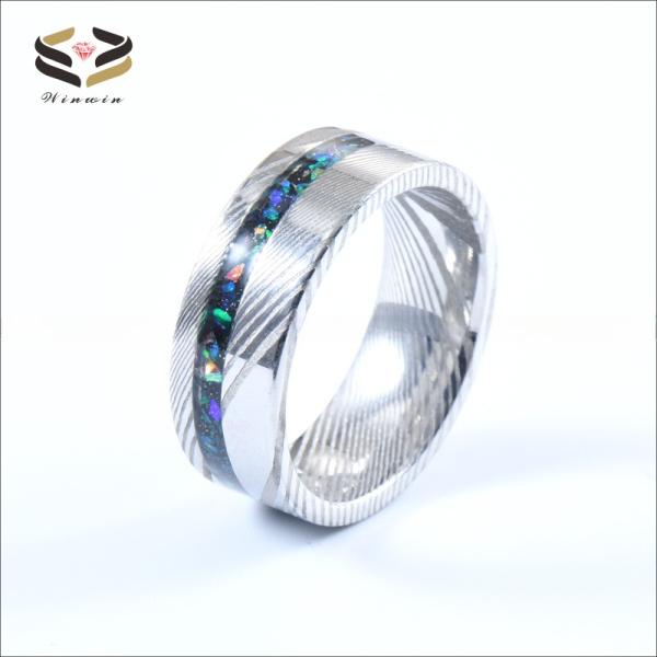Galaxy Opal Silver Damascus Wedding Band custom Logo 8mm For Men