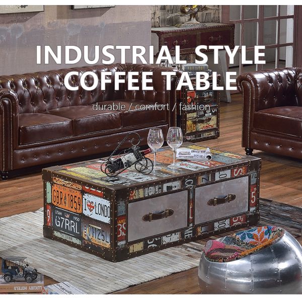 Nidea #8653 Handcrafted Durable Multi-purpose Vintage Wood Living Room Cabinet Retro License Plate Design Featuring Two Drawers