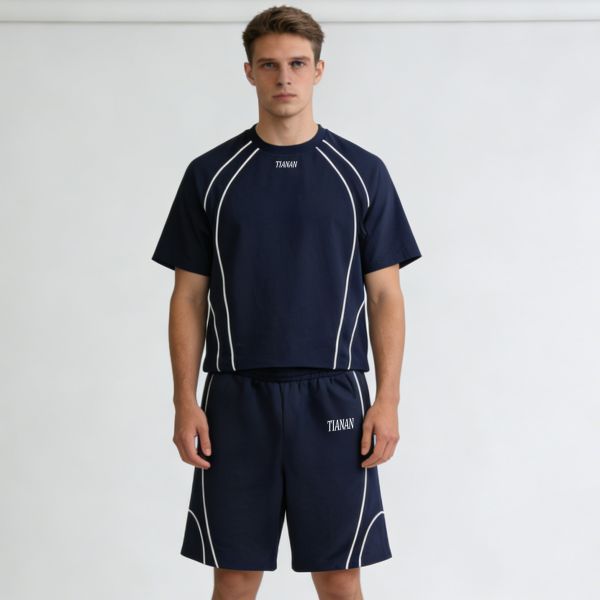 Manufacturer High Quality Summer 2 Two Piece Custom Oversized Reflective Stripe Tracksuit Boxy Printed T-shirt and Shorts Set