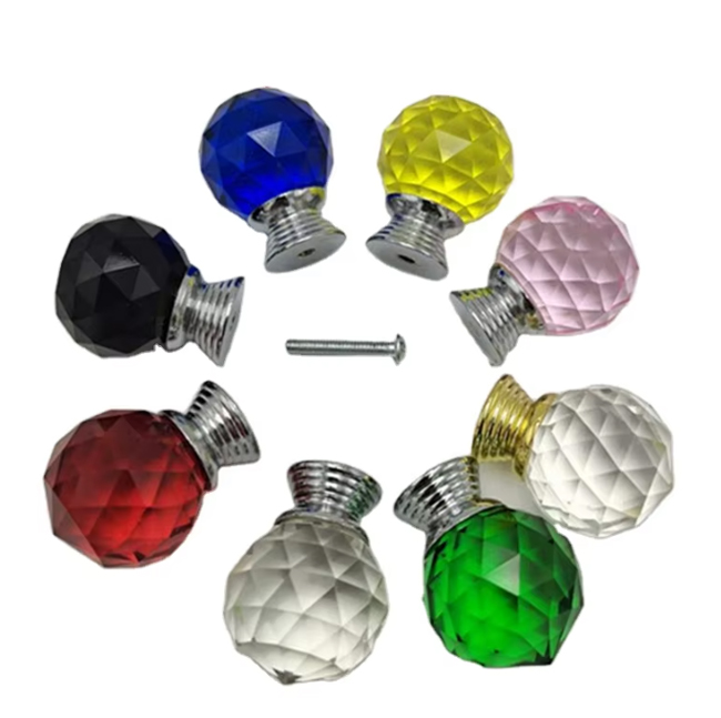 Popular Style Multi Color Transparent Crystal Glass Luxury Furniture Cabinet Door Pull Round Diamond Drawer Knob