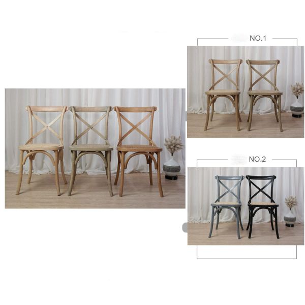 New Arrival Rustic Wooden Cross Back Chair with Woven Rattan Seat for Cafe Bistro Restaurant Commercial Wedding Dining Use