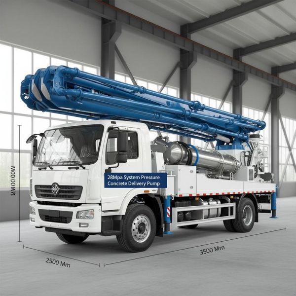 28Mpa System Pressure truck-mounted pump featuring overall dimensions 11000 Mm × 2500 Mm × 3800 Mm designed for concrete delivery