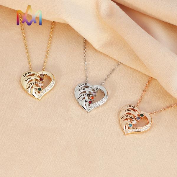 45cm Stainless Steel Heart Pendant Necklace With Birthstone Inlayed Engraving Jewelry Gifts