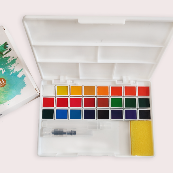 Best selling OEM superior quality kids art 24 colors water-based solid transparent watercolor paint set with brush pen