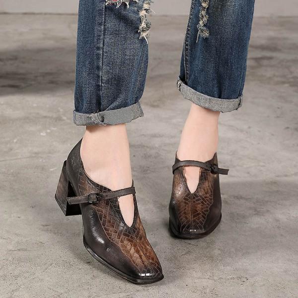 S166 2020 autumn and winter square toe thick heel handmade original leather high heels literary forest women's retro