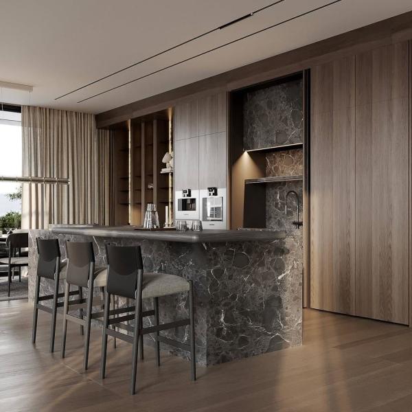 Armoire de cuisine en bois gris moderne personnalisée de haute qualité 3D automatique Smart PVC Design MDF Carcasse Porte en verre