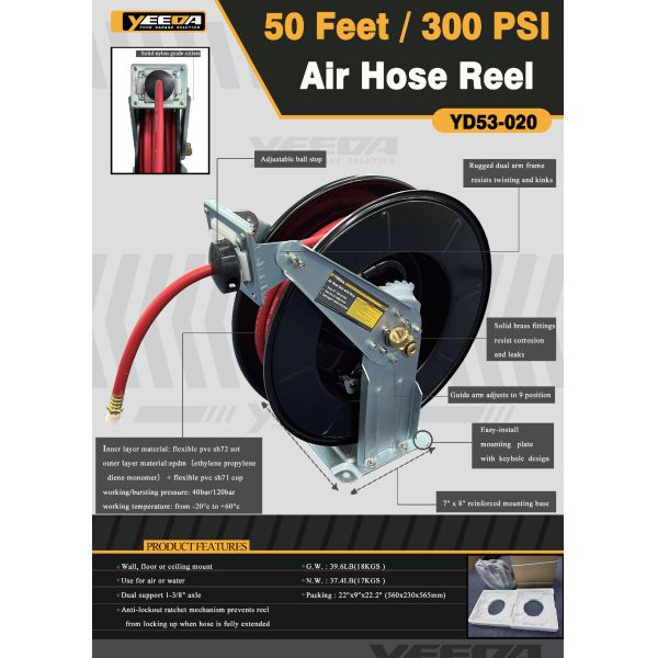 Workshop 50FT/300PSI Air Hose Reel, Tangle - Free