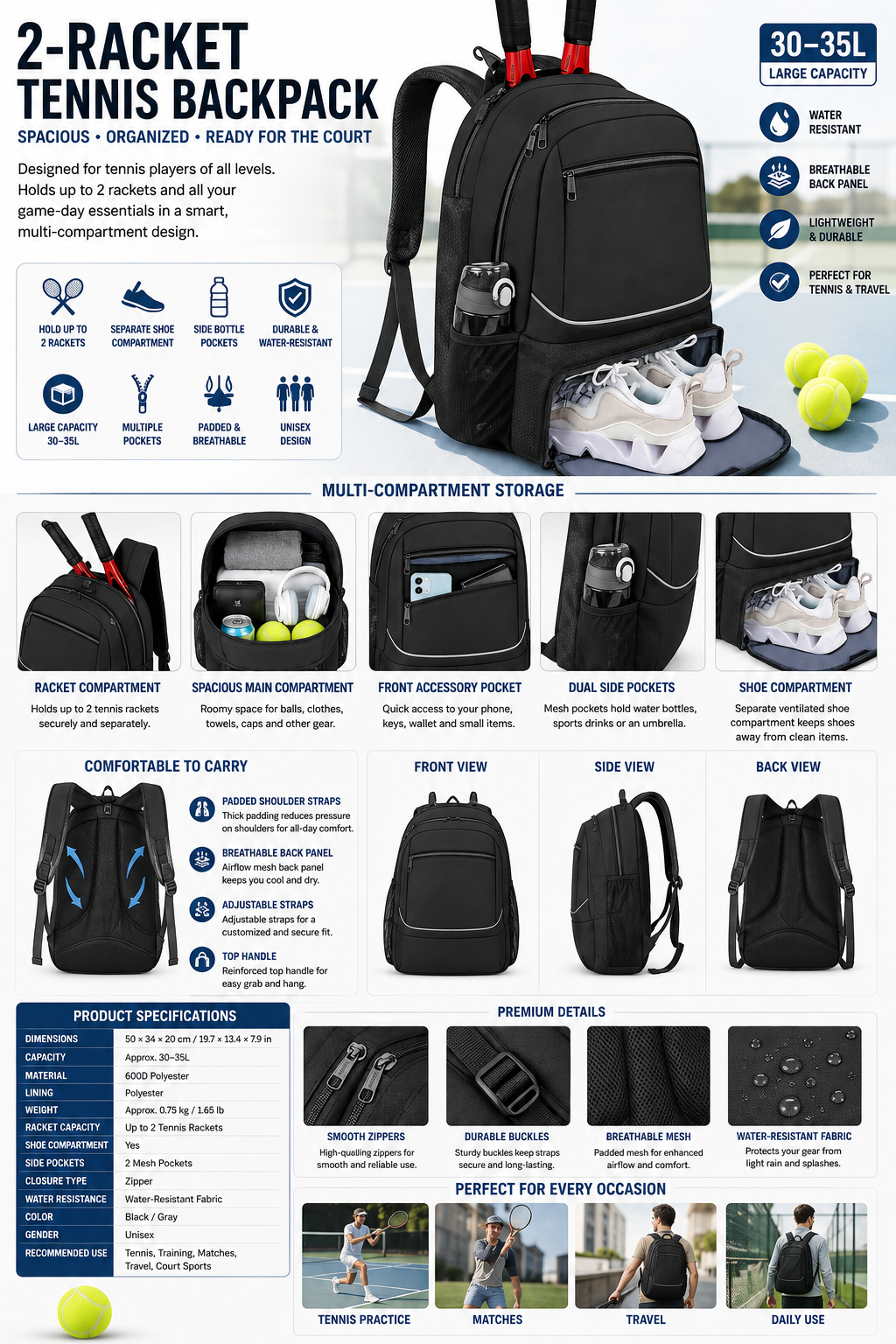 Tennis Sling Backpack for Men & Women, Crossbody Racket Bag with Adjustable Shoulder Strap for Training, Travel & Court Sports
