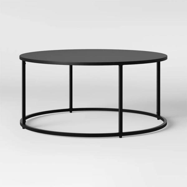 Black Round Wooden Coffee Table with Marble Top and Modern Metal Legs in Round Shape