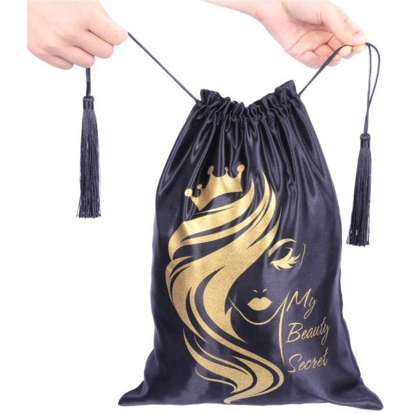 ROHS Black Satin Drawstring Bag Pouch Hair Extention Wig Package