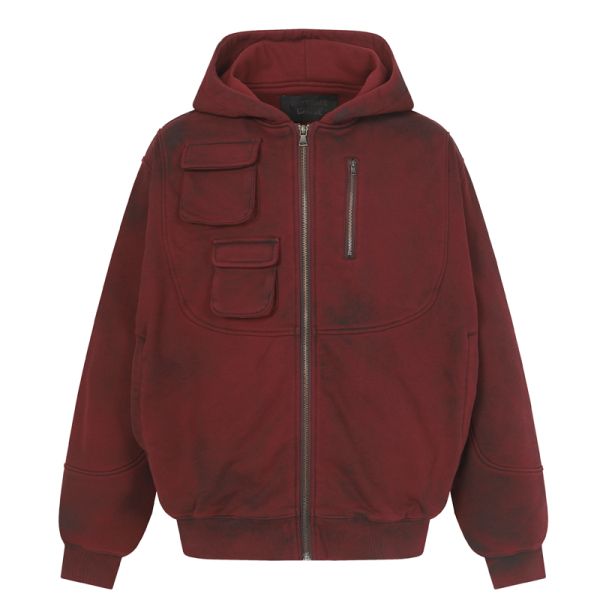 Unisex Winter Fleece Jackets with Pockets Zippers Washed Black/Dark Grey Hoodie Windproof Oversized Fit Vintage Style 3D