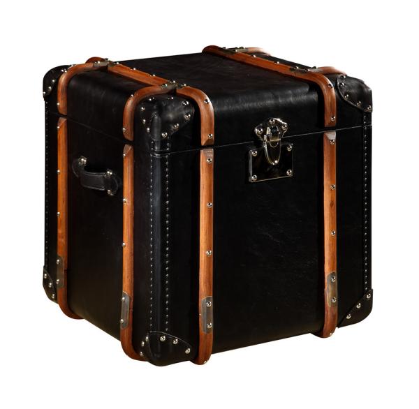 Black Full Genuine Leather Storage Trunk Lifted Cover With Solid Wood Bar