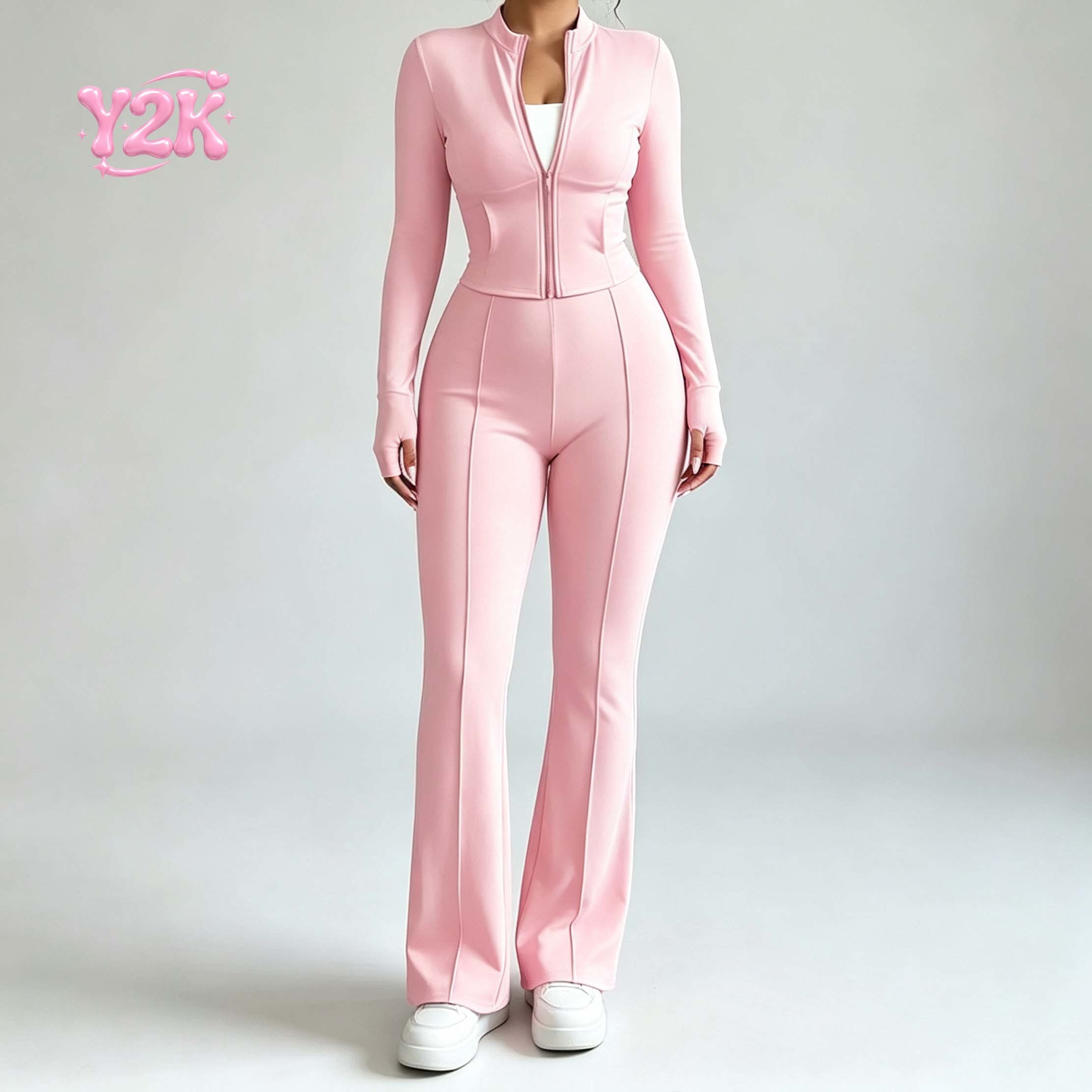 Custom Women's Zip Jacket High Waist Flare Pants Activewear Set