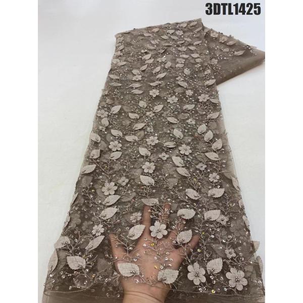 Luxury Beaded Lace Fabric lilac flower lace fabric applique for dress 3d flower lace fabric for women