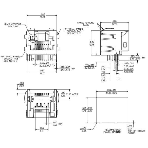 44620-0002 Shielded RJ45 Modular Jack With RJ-11 Keepout Feature
