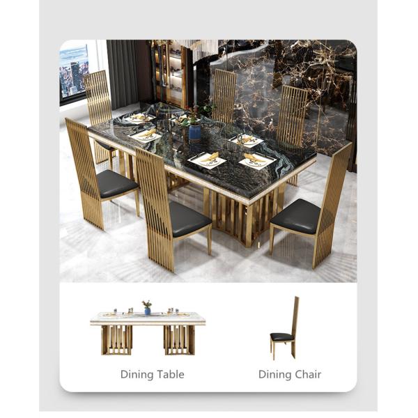 Chaises dinantes contemporaines de table de salle à manger de marbre d'effet et d'acier inoxydable des chaises 200cm