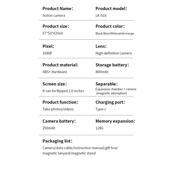 LK018 action camera 1080P high definition 2.0inch display 800mah battery