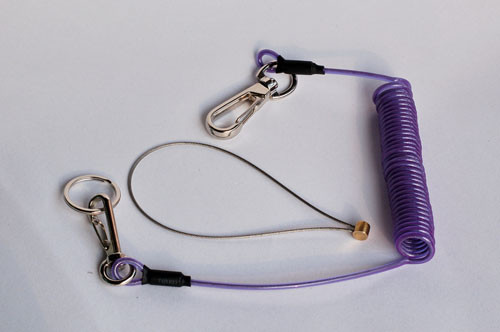 Purple plastic spring wire coil tool lanyard with snap hooks&key rings&wire loop for safe
