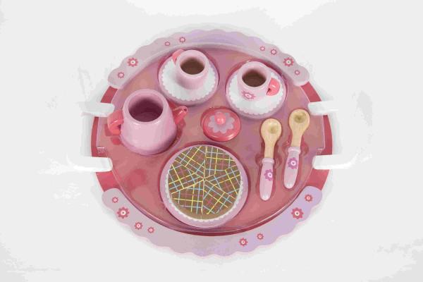 Pink Tea Time Toddler Wooden Toys With Handle Dish Flower Pattern MDF