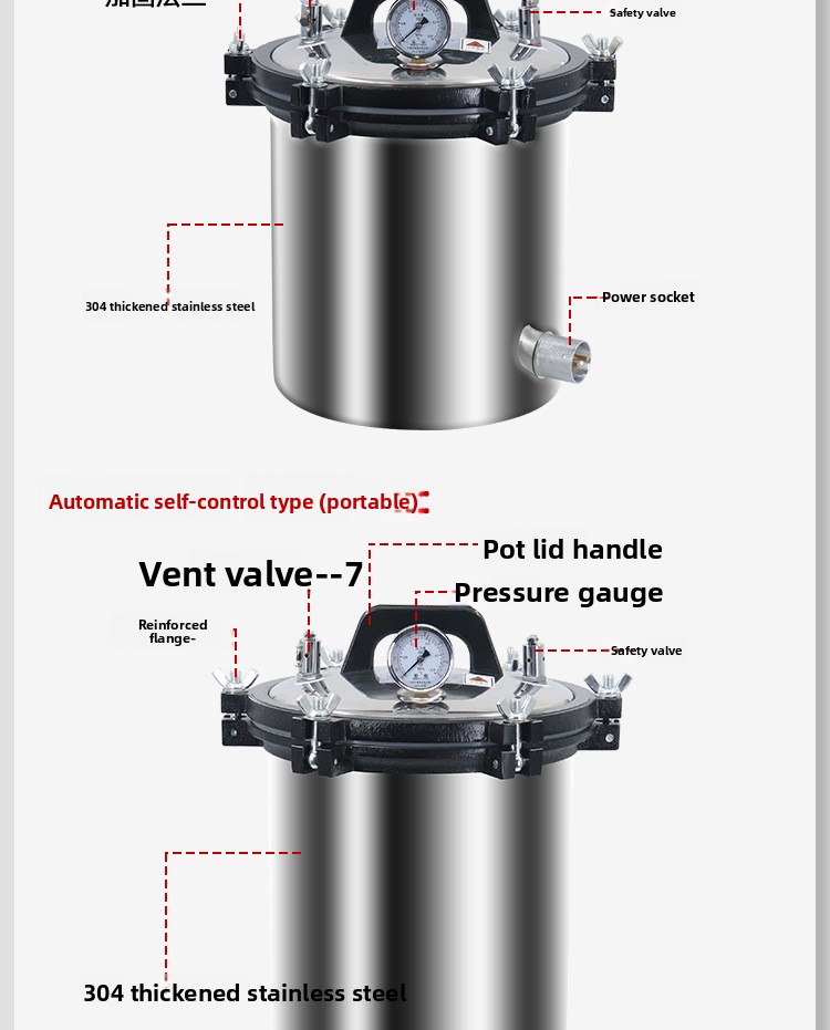 Portable Autoclave Dental Sterilizer 18L/24L Class B with Automatic Heating Stop and Alarm After Sterilization for Lab