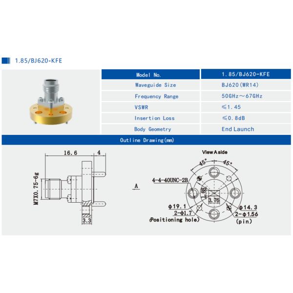Adaptador de guía de ondas a coaxiales de 50 GHz~67 GHz WR15 BJ620 Hembra 1.85mm, lanzamiento final 1.85/BJ620-KFE