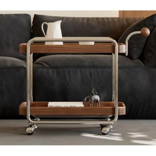 Nordic Modern Low Side Table Trolley Trolly With Wheels Stainless Steel Frame Solid Wood Handle
