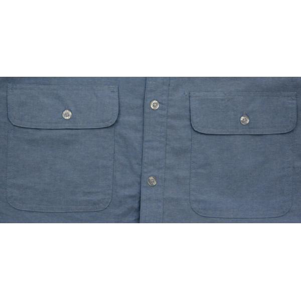 Men's 100%Cotton Chambray Blue Work Shirt Long Sleeve Chest Pockets Detailed Sleeve Band