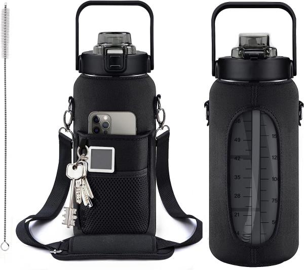 Half Gallon Water Bottle With Sleeve 64oz (2L) Inspirational Water Bottle With Straw and Time Stamp,