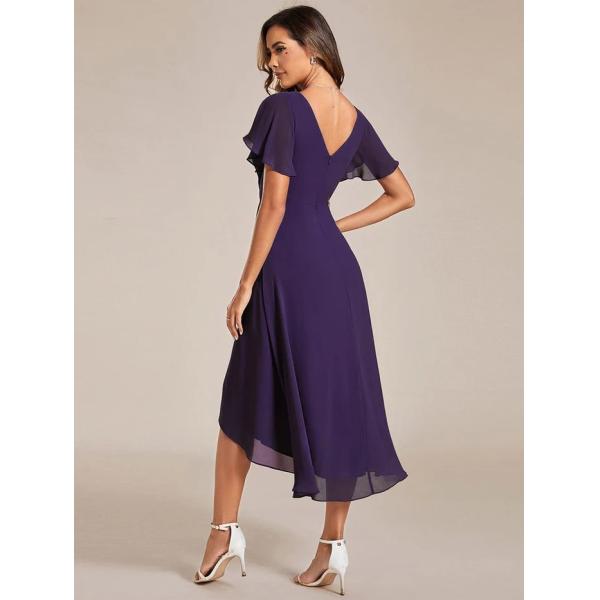 Chic V-neck High-low Short Flutter Sleeves A-line Ruffles Midi Invisible Zipper Dark Purple Chiffon  Cocktail Dress