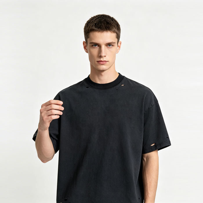 Ripped Wash Basic Crew Neck Tee Grunge Loose Fit T Shirt 275GSM