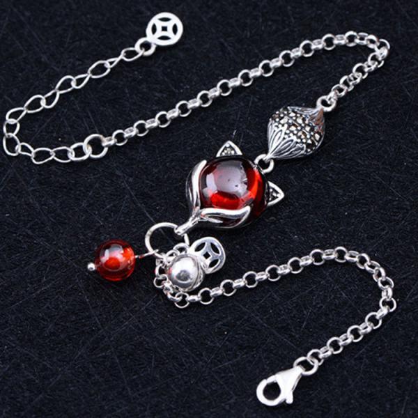 925 Silver Synthetic Garnet Fox Charm Silver Bead Link Bracelets (B2018041108)