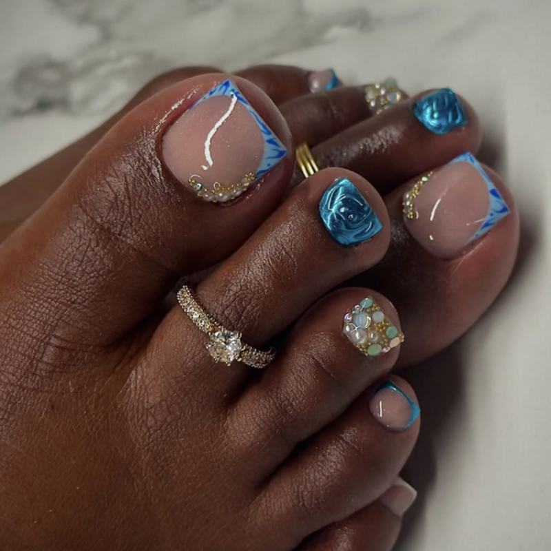 Waterproof Fake Toe Nails Square Rhinestone Toe Nail Art 3D