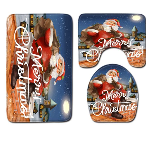 Santa Christmas Toilet Seat Cushion Polyester 3 Piece Bath Rug Set
